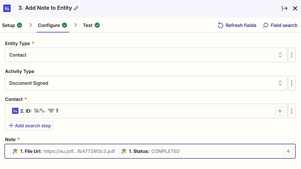 mostrando la asignación de Zapier para agregar una nota al contacto de Capsule 
