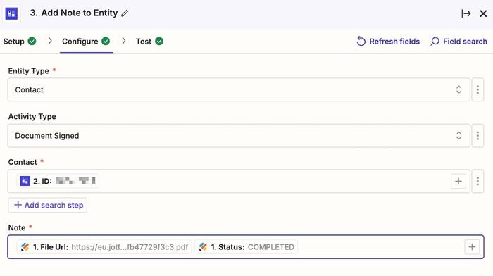 showing the zapier mapping for adding a note to the capsule contact