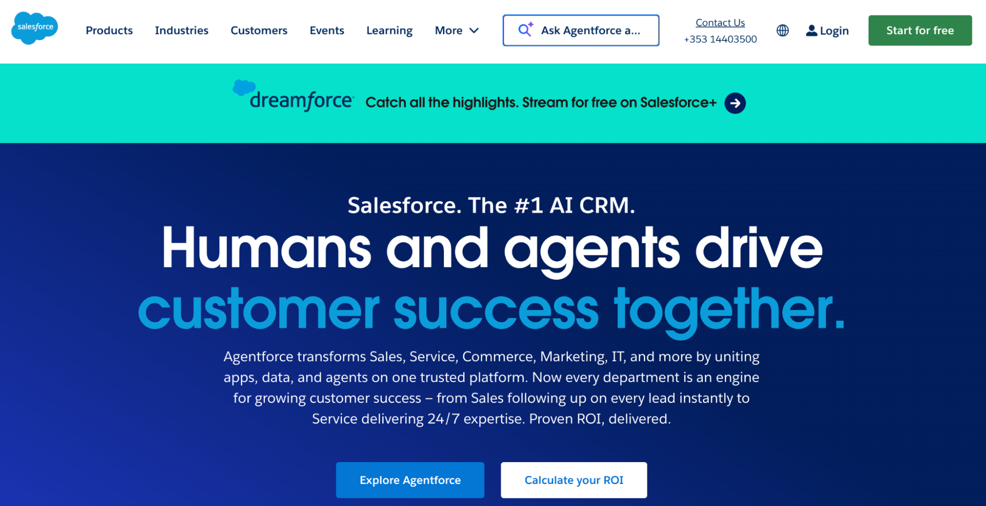 Salesforce homepage promoting its AI CRM with the slogan 'Humans and agents drive customer success together'.