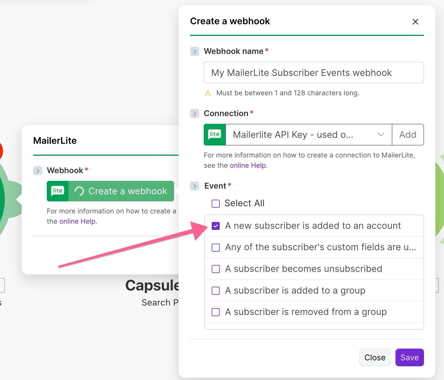 new mailerlite subscriber button selected in make scenario