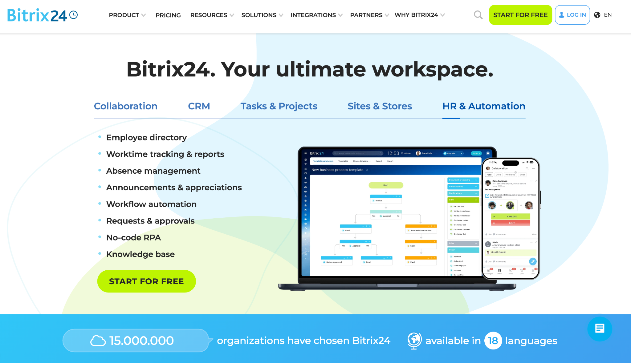 Bitrix24 website with "Your ultimate workspace" headline, showing HR & Automation features and its interface on a laptop and smartphone.