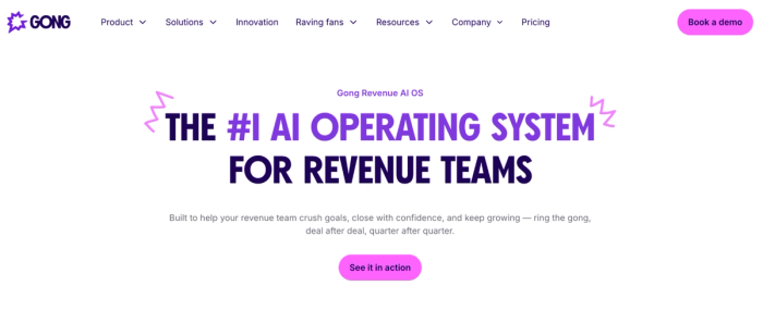 Gong website featuring the headline: THE #1 AI OPERATING SYSTEM FOR REVENUE TEAMS.