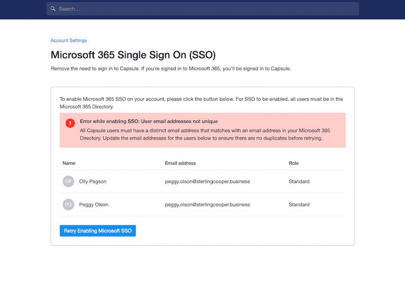 Tableau de messages d'erreur affichant deux utilisateurs Microsoft 365 avec la même adresse e-mail