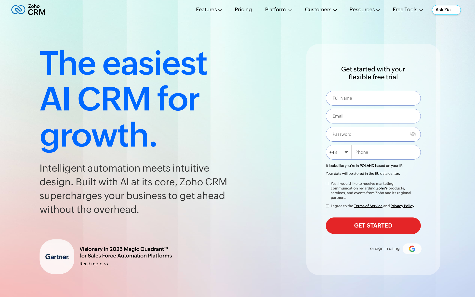 Zoho CRM landing page with the headline "The easiest AI CRM for growth" and a signup form for a flexible free trial.