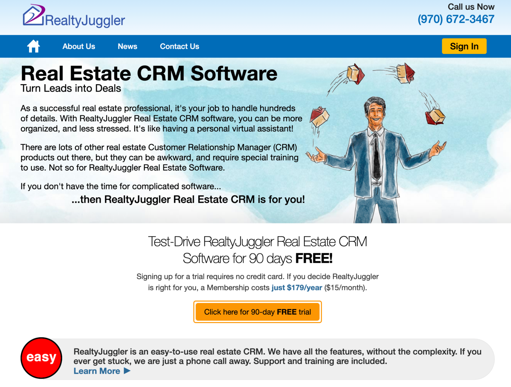 Illustration of a man juggling house icons for RealtyJuggler Real Estate CRM software.