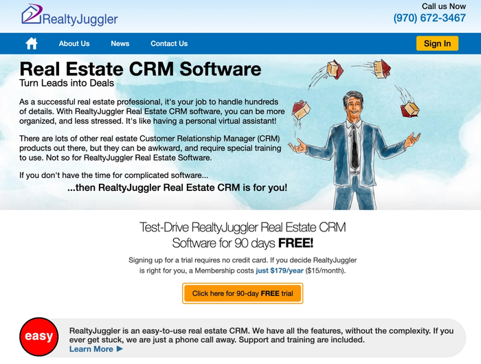 Illustration of a man juggling house icons for RealtyJuggler Real Estate CRM software.