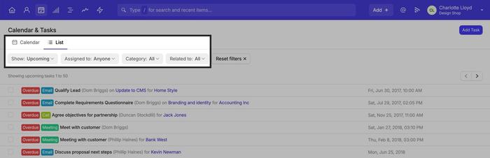 Dated tasks in the calendar list view