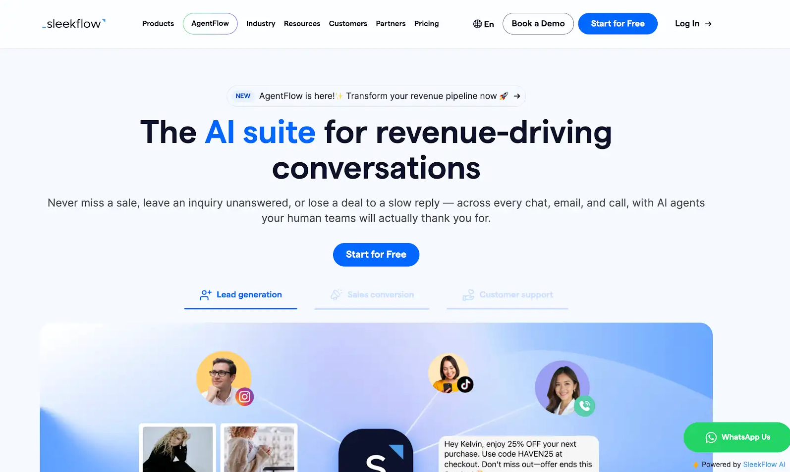SleekFlow AgentFlow landing page promoting its AI suite for revenue-driving conversations, with a 'Start for Free' button and illustrative chat examples.