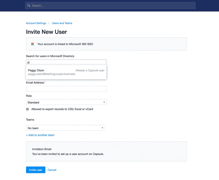 Add new user page with the search bar populated with the details of a user
