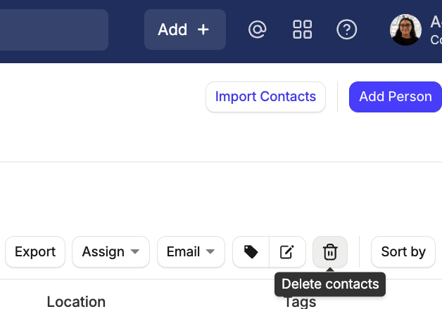 people and organisations tab with delete contacts button highlighted