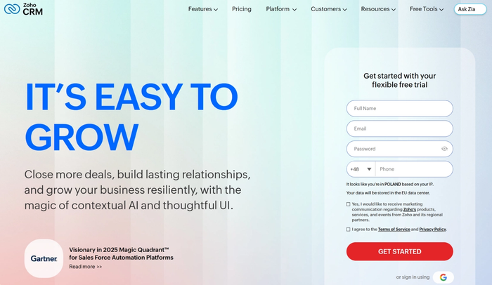 Zoho CRM website with "IT'S EASY TO GROW" headline and a free trial signup form.
