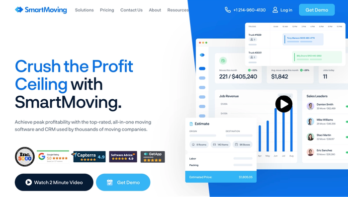 SmartMoving website on the left and its CRM dashboard with business metrics and an estimate form on the right.