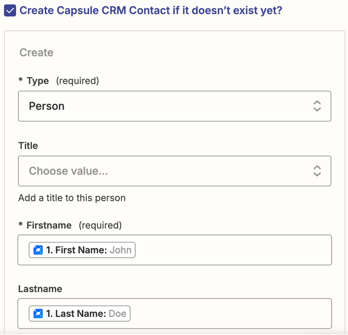showing create contact zap setup, specifically first and last name