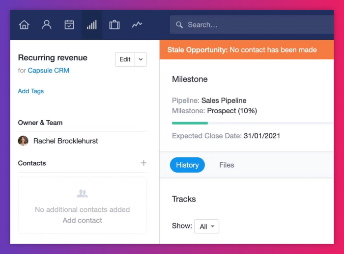 CRM interface showing a "Recurring revenue" opportunity in the Prospect milestone, assigned to Rachel Brocklehurst, with a stale contact alert and expected close date of January 31, 2021.