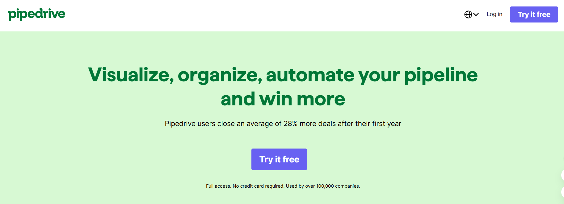 Pipedrive website homepage with the headline: "Visualize, organize, automate your pipeline and win more" and a "Try it free" button.