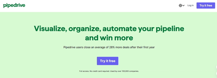 Pipedrive website homepage with the headline: "Visualize, organize, automate your pipeline and win more" and a "Try it free" button.