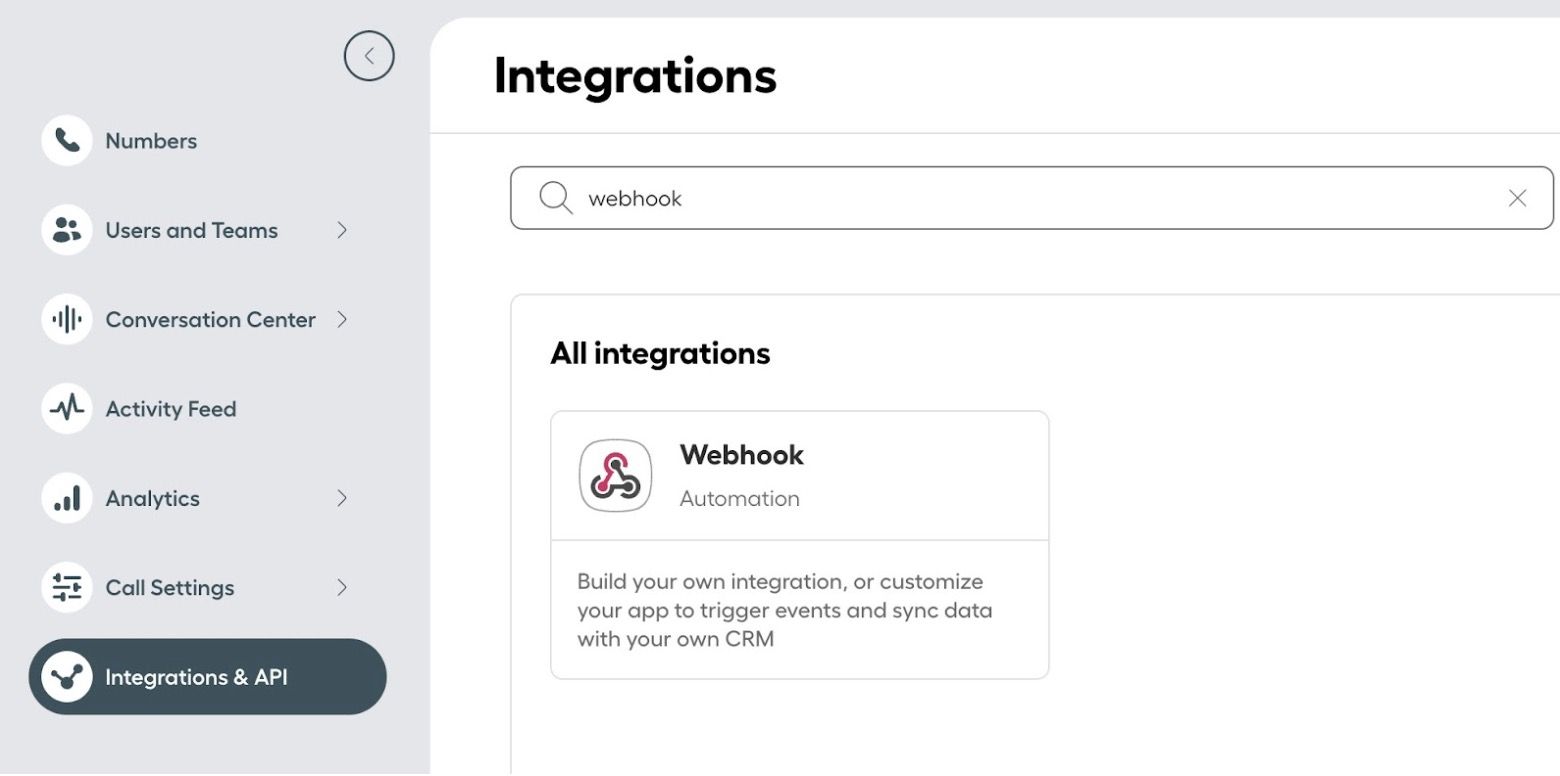 webhook settings in aircall.io