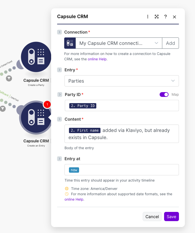 campos preenchidos para adicionar uma nota ao contato existente da cápsula