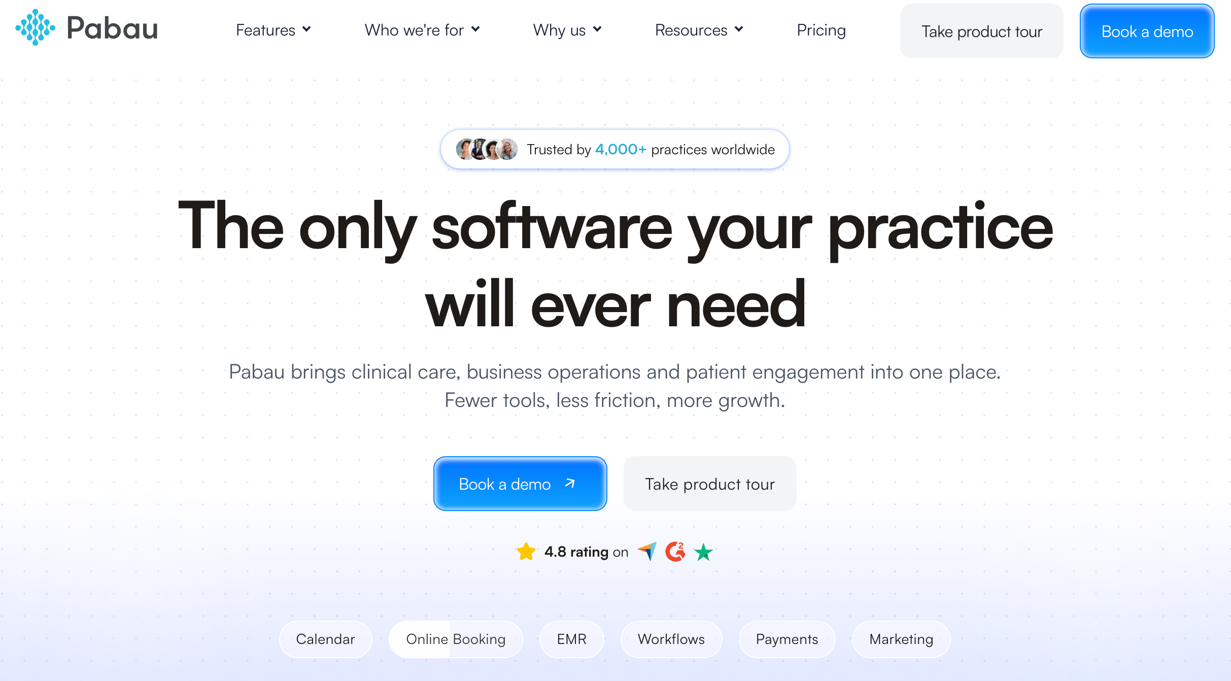Pabau homepagu software website with the headline "The only software your practice will ever need."