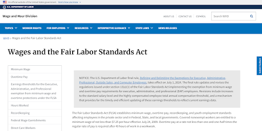 a website titled wages and the fair labor standards act