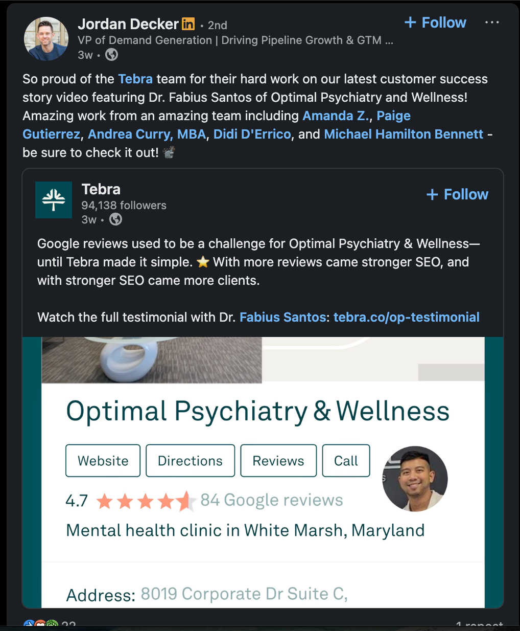 LinkedIn post sharing a Tebra customer success story.