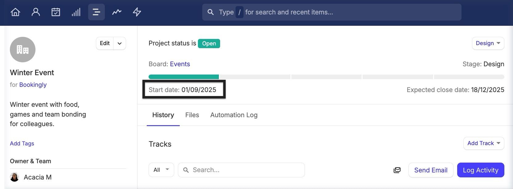 proyecto de ejemplo con el campo de fecha de inicio rellenado y resaltado