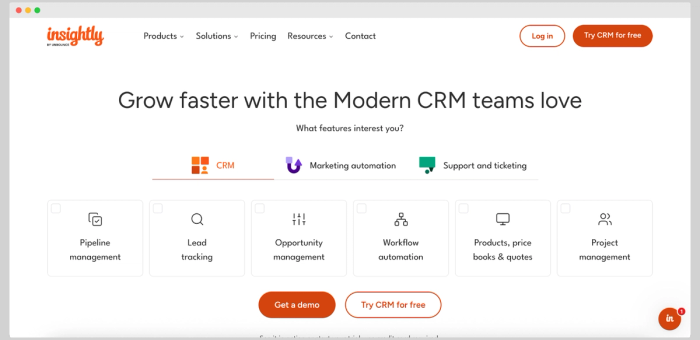 Insightly CRM homepage advertising features like pipeline management, workflow automation, and a free trial offer.