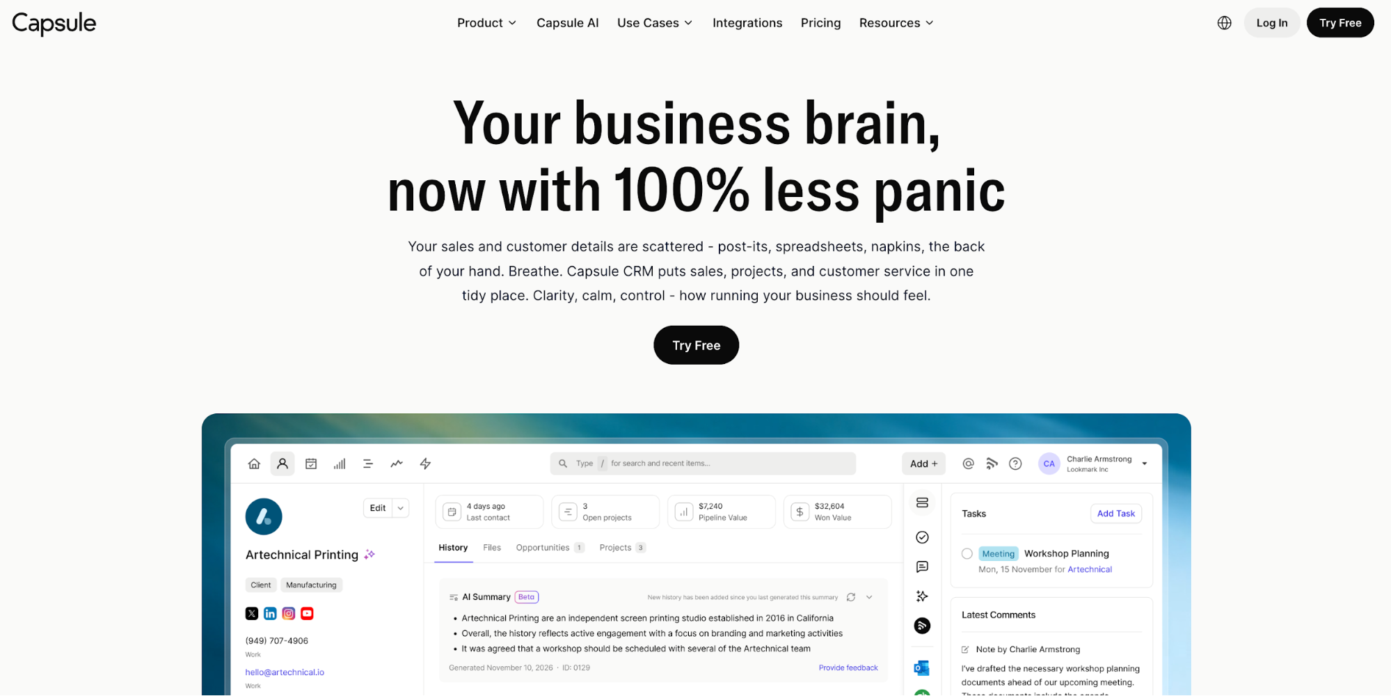Capsule CRM website displaying its headline 'Your business brain, now with 100% less panic' and a preview of the software interface.
