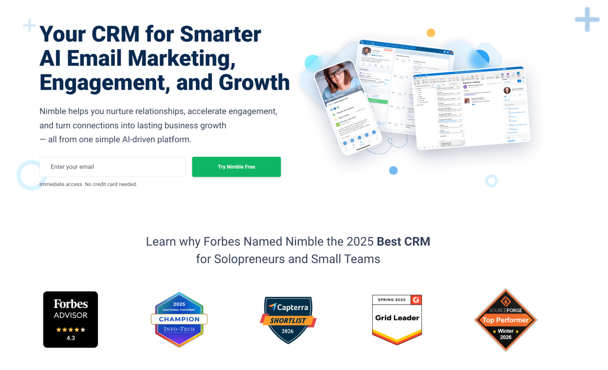 Nimble CRM landing page promoting AI email marketing, showing software interfaces and industry award badges.