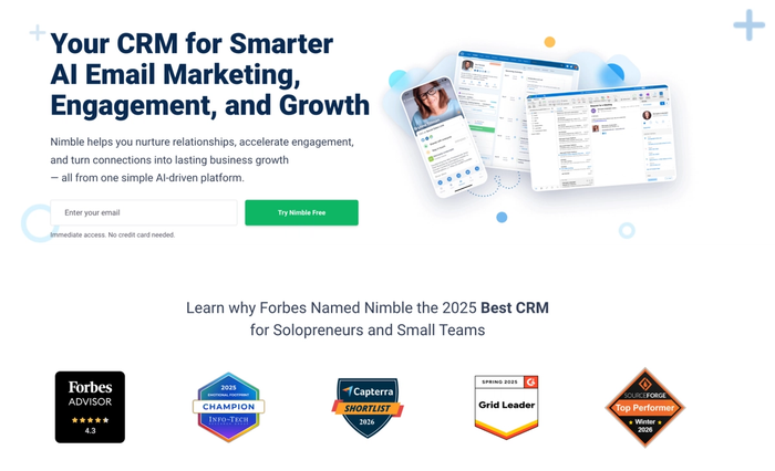 Nimble CRM landing page promoting AI email marketing, showing software interfaces and industry award badges.