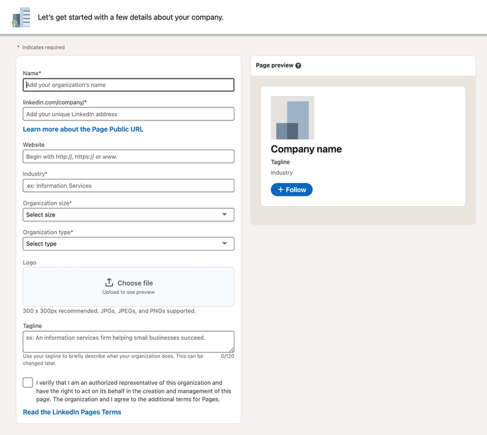 company page setup preview