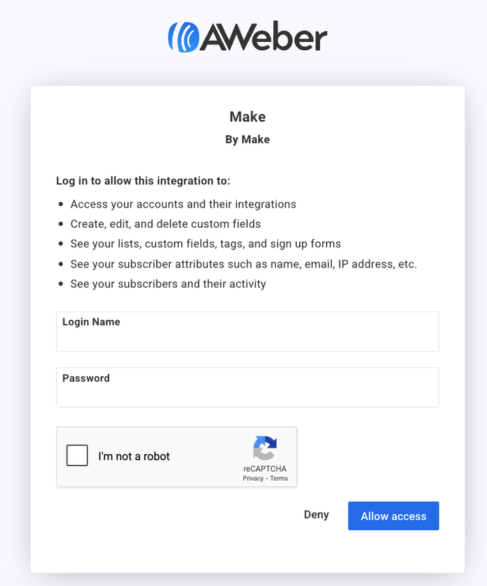 authorise connection from make to aweber