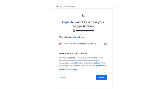 Module complémentaire Gmail autorisant Google à accéder à votre compte Capsule