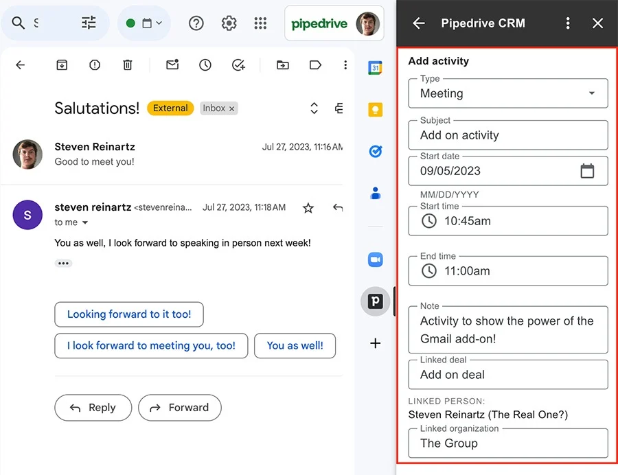 A screenshot of Gmail showing the Pipedrive sidebar