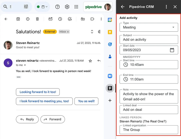A screenshot of Gmail showing the Pipedrive sidebar
