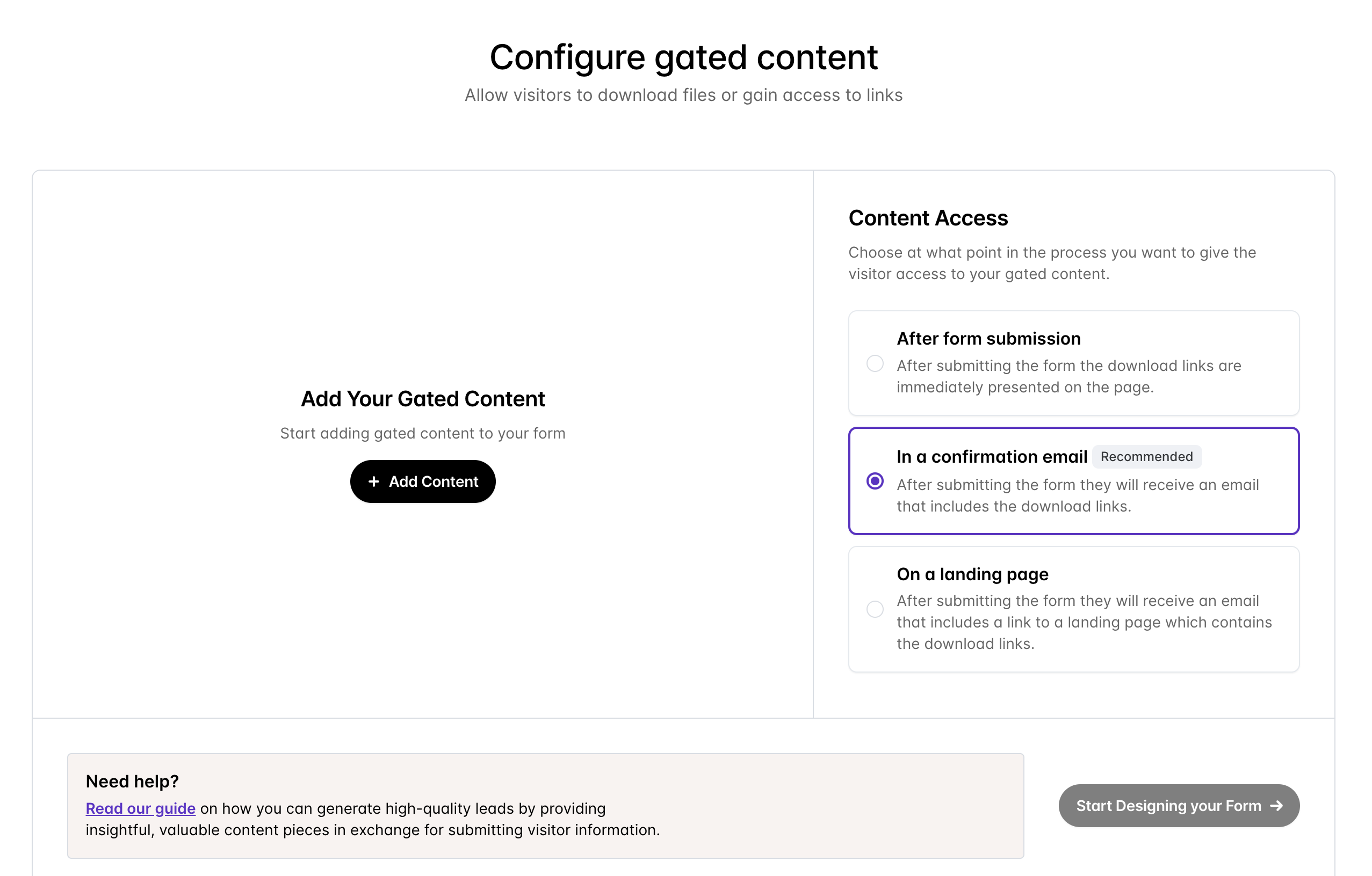 a screenshot shows the simplicity of the gated content creation page as well as the different access options available