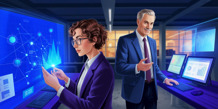 a man and a woman are looking at a computer screen
