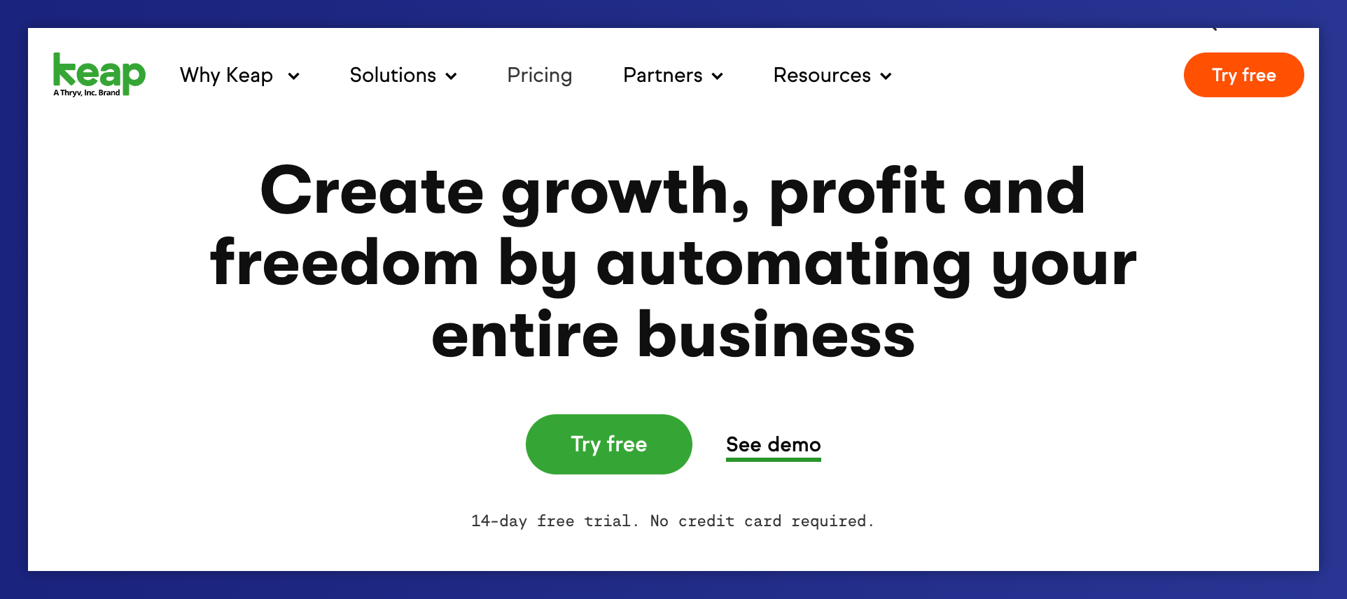 Keap homepage with business automation headline and free trial button.