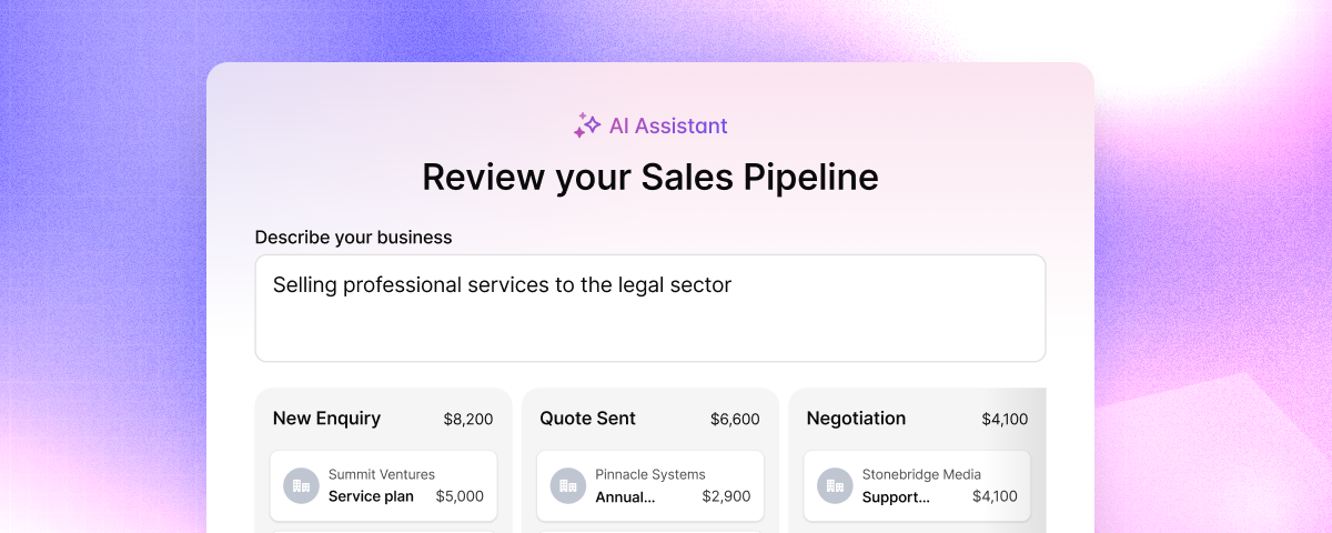 Una interfaz de asistente de IA que muestra una revisión del embudo de ventas con la descripción del negocio y las etapas de ventas.