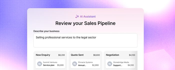 An AI Assistant interface showing a sales pipeline review with business description and sales stages.
