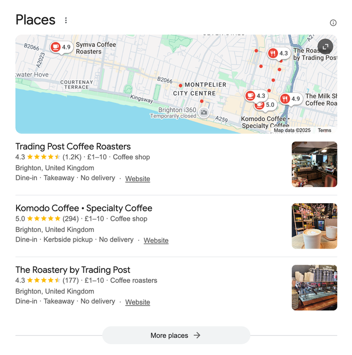 Google search results for coffee roasters located in Brighton.