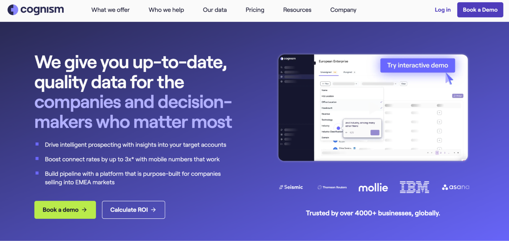 Cognism homepage promoting quality data for decision-makers, with an interactive demo of their sales intelligence platform.