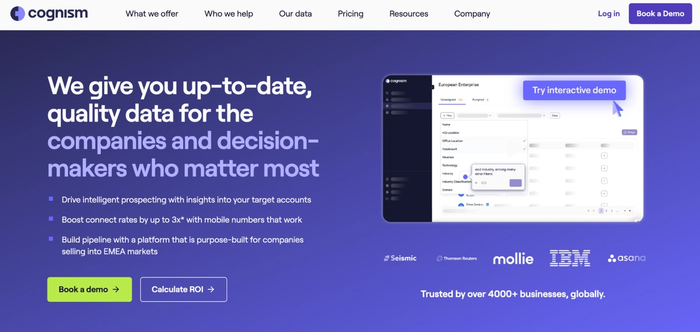Cognism homepage promoting quality data for decision-makers, with an interactive demo of their sales intelligence platform.