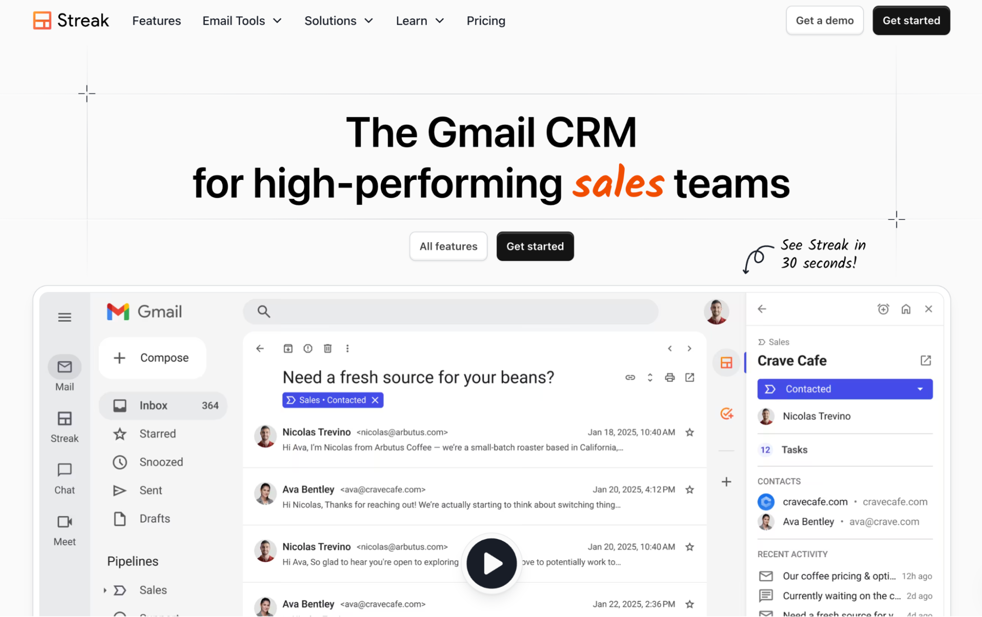 Streak website displaying its Gmail CRM interface with sales and contact management features.
