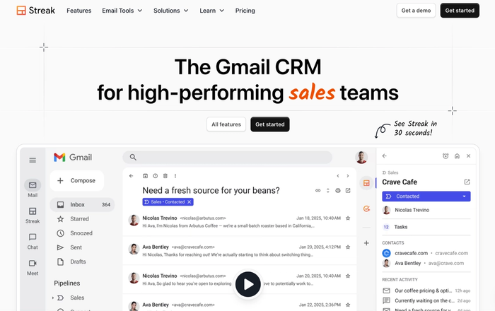 Streak website displaying its Gmail CRM interface with sales and contact management features.