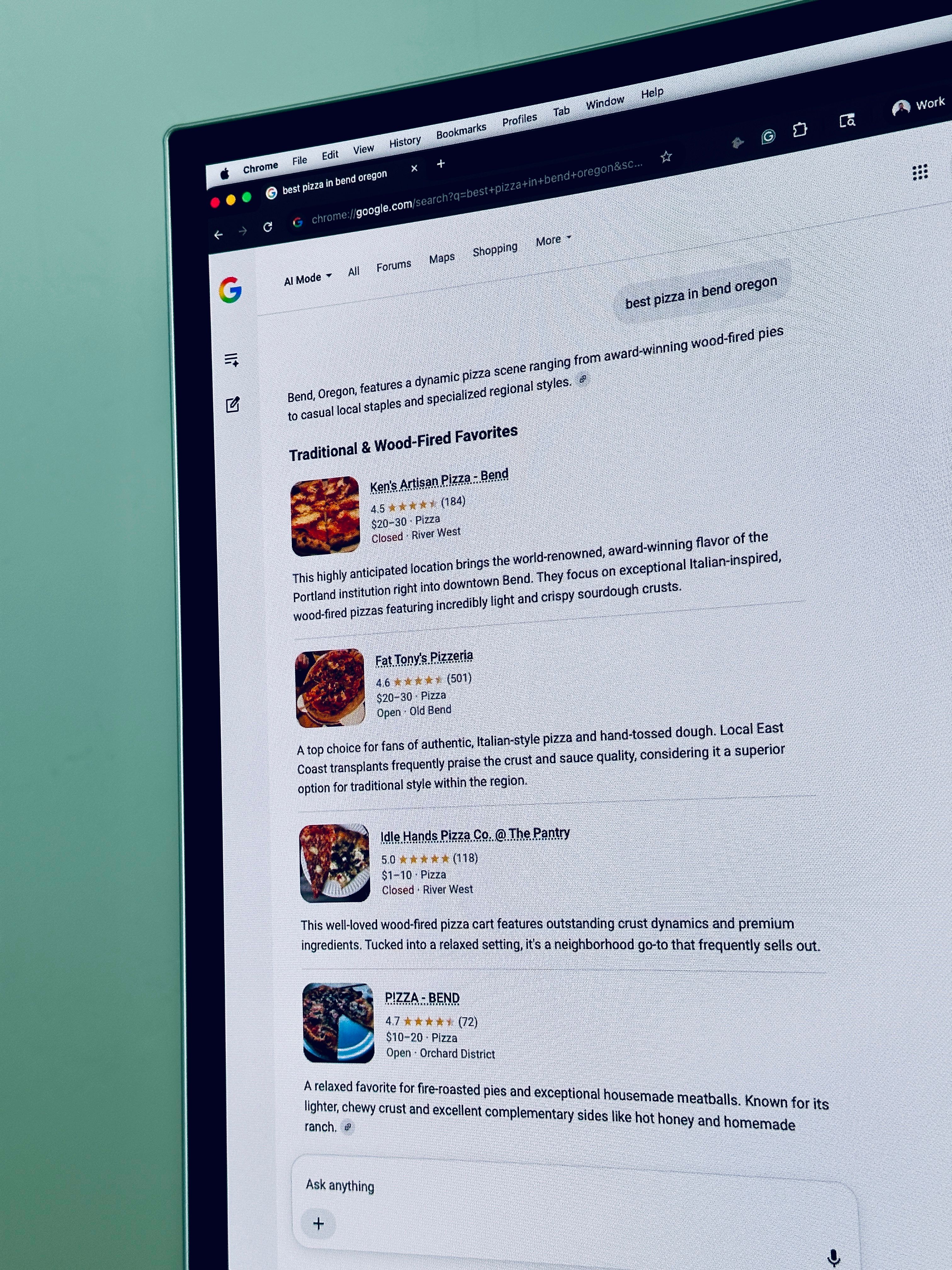 Photo of a Google AI Search for Pizza In Bend, Oregon