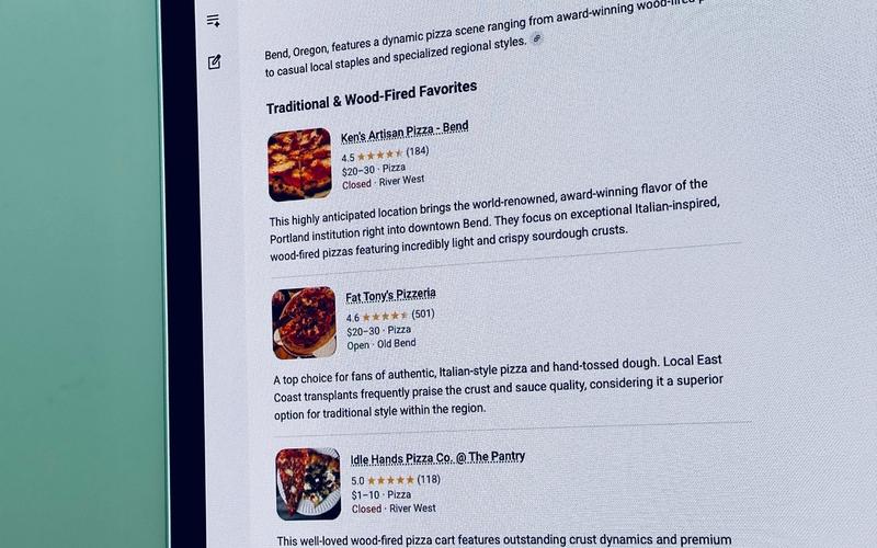 Photo of a Google AI Search for Pizza In Bend, Oregon