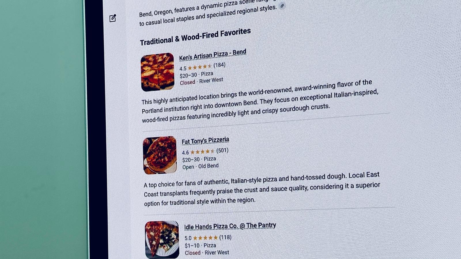 Photo of a Google AI Search for Pizza In Bend, Oregon