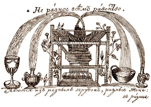 Historical illustration of Hryhorii Skovoroda’s concept of unequal equality showing vessels filled according to capacity