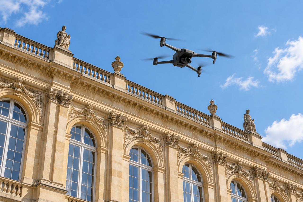 A drone flying above a historic European building under a blue sky